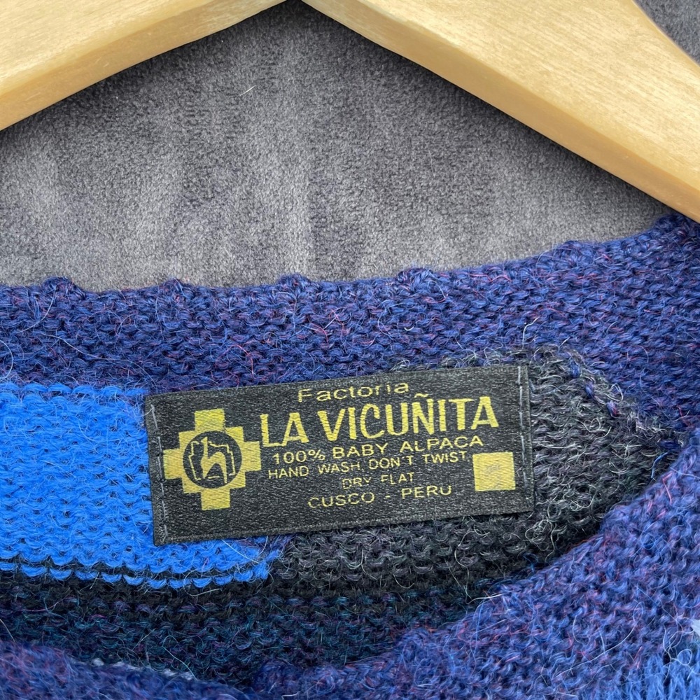 VTG La Vicunita Baby Alpaca Cardigan Sweater Blue Purple Floral Geometric Peru - Picture 2 of 8